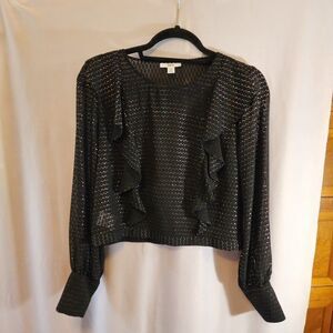 BAR III, SHEER BLACK TOP, SIZE MEDIUM, METALLIC, SHIMMER, LONG SLEEVE, RUFFLES